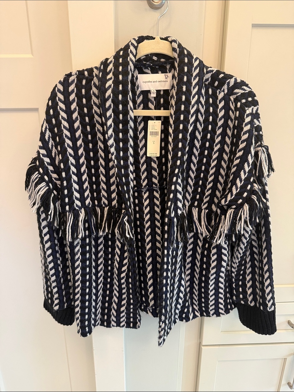 cupcakes & cashmere Black and White Fringe Open-Front Knit Jacket